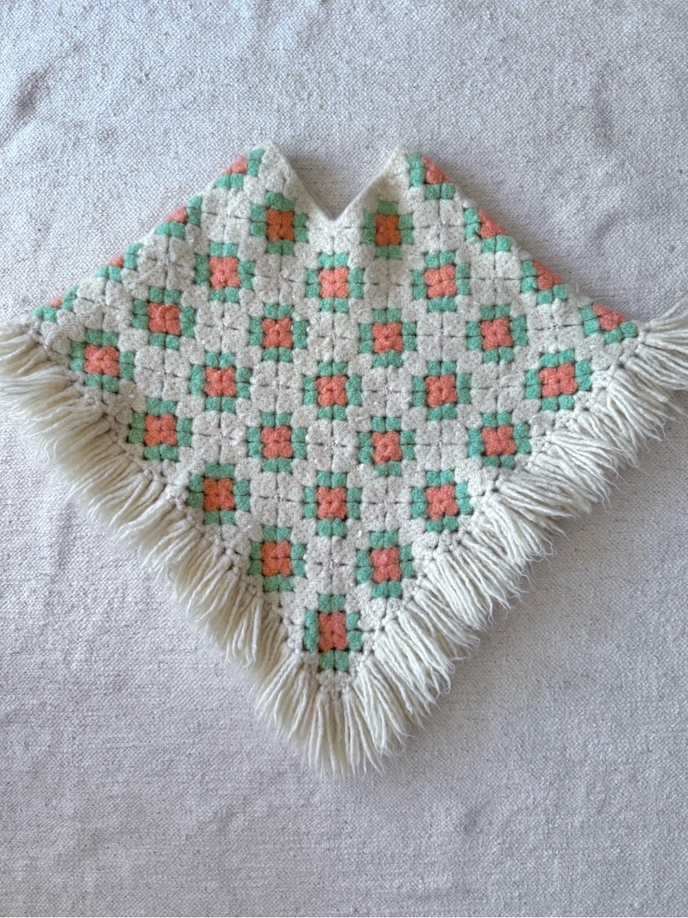 Vintage 70’s Crochet Poncho Girls Size Small Pastel Granny Square Fringe